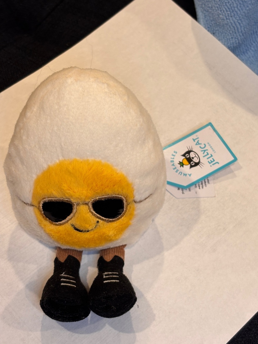 Jellycat Sunny Egg Plush in White and Yellow with Black Shoes